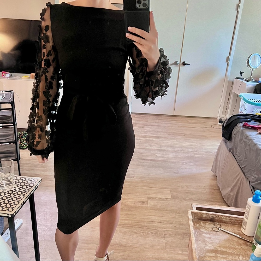 Black Long Sleeve Midi Pencil Dress with Flower Detail